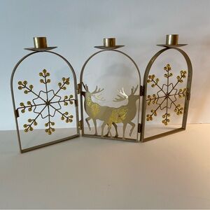 Gold Metal 3 Taper Candle Holder Reindeer Deer Snowflake Winter Holiday Decor